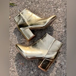 Gold Silver Leather Ankle Boots Square Toe High Heel Boots